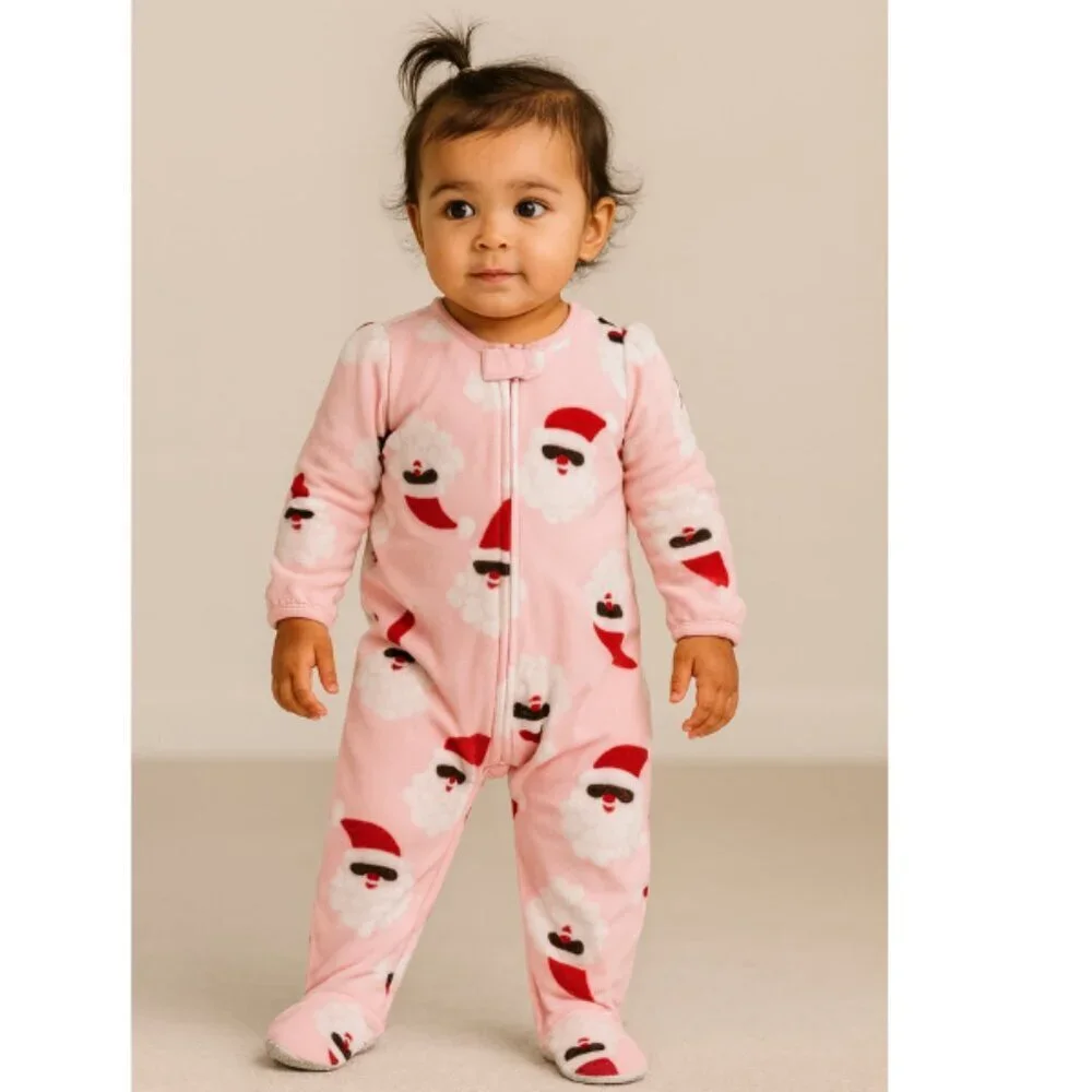 Carter’s Girls 2T  Fleece Footed Pajamas Full Zipper Santa Christmas Jammies